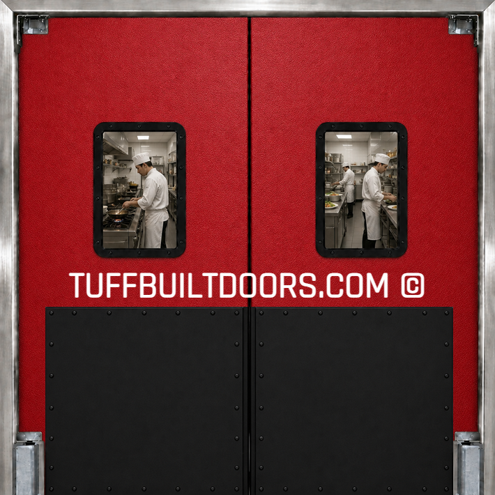 red restaurant kitchen swing doors