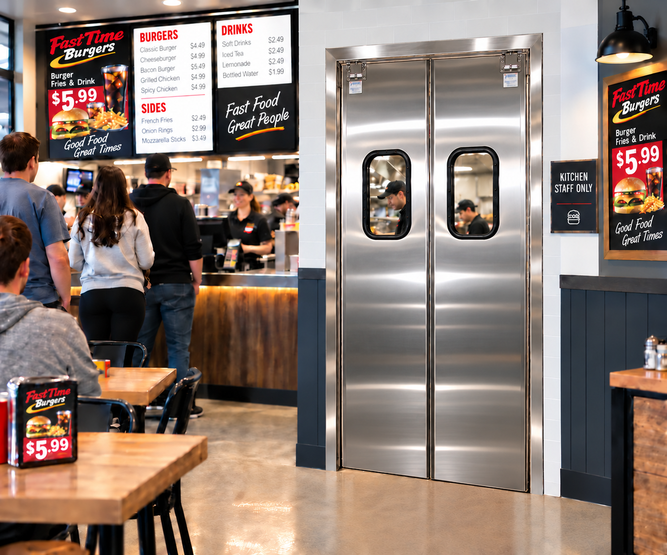 Double stainless-steel commercial kitchen swing doors