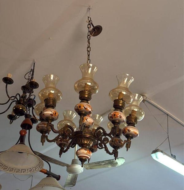 Old Bronze Chandelier with 8 Shades - Chandeliers