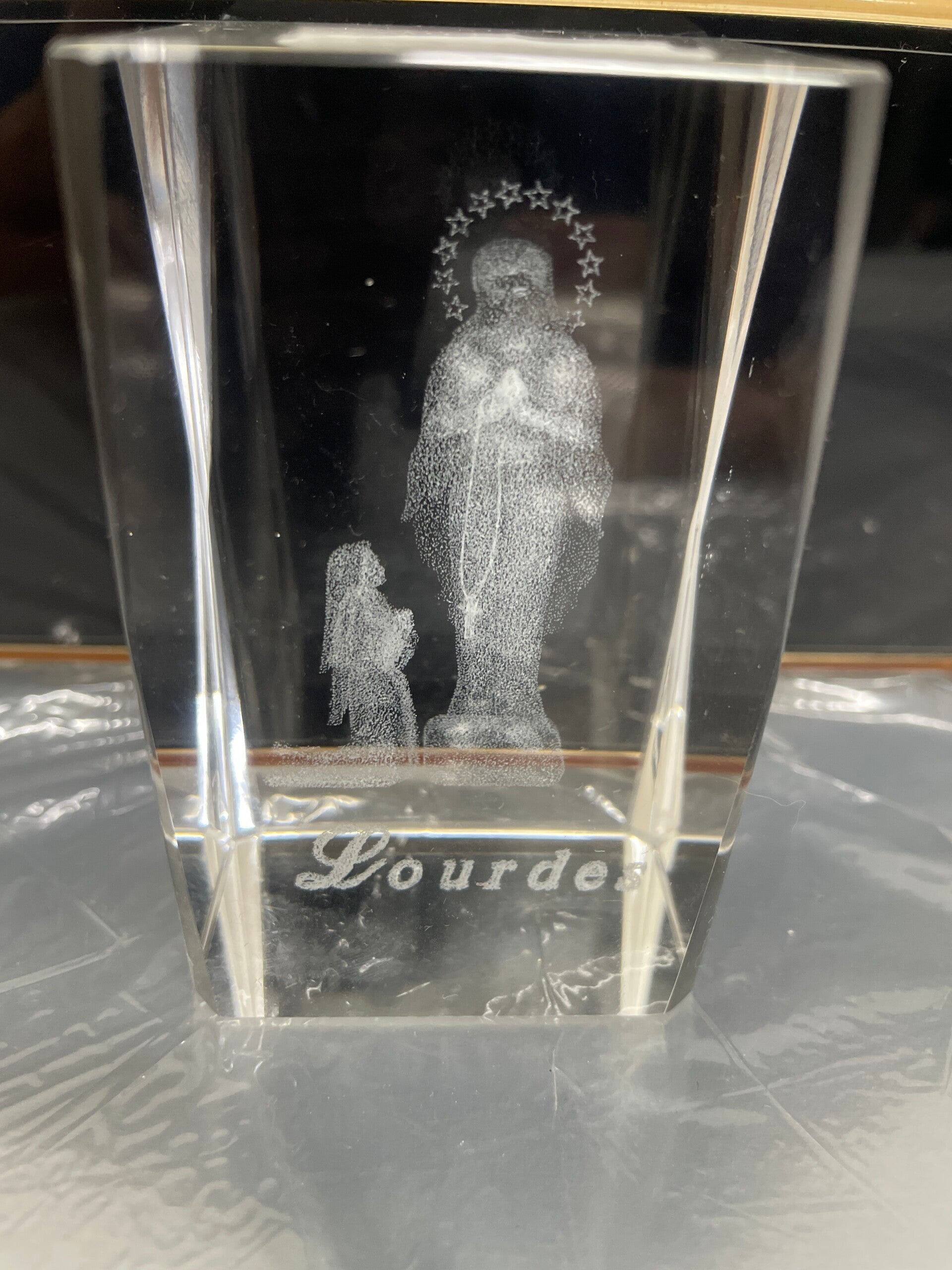 Lourdes Laser Etched Clear Glass Cube - Religious