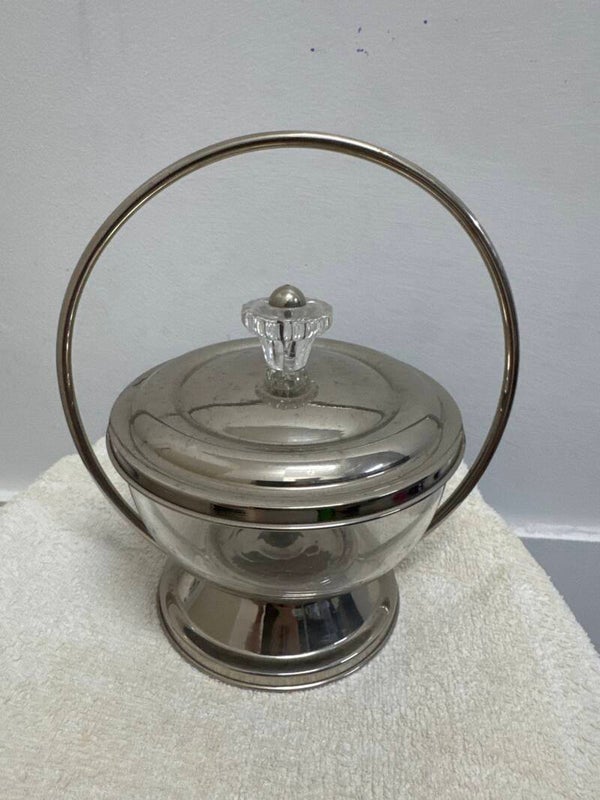 Candy Dish In Cut Glass And Metal With Handle - Kitchenware*