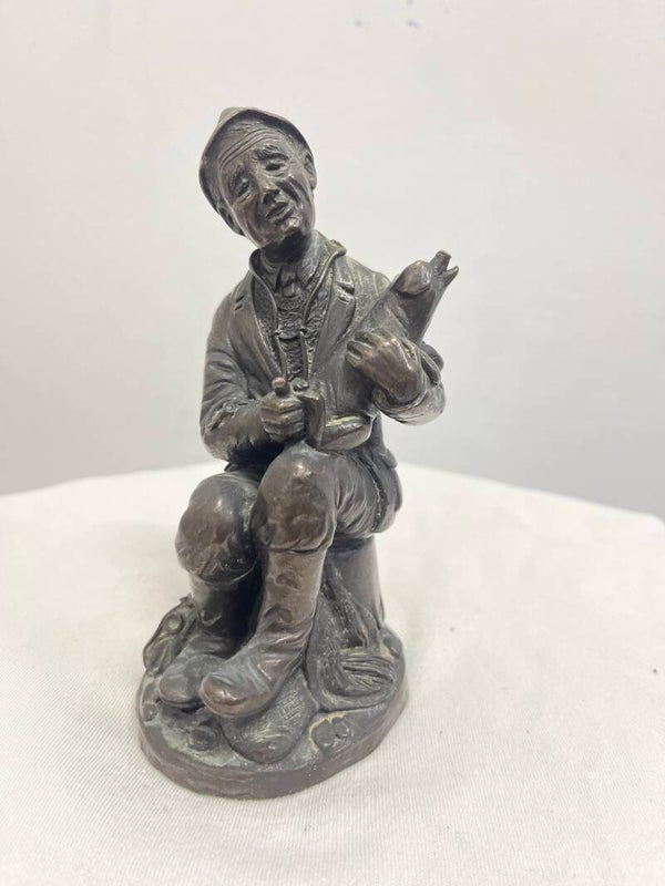 Cold Cast Bronze Shepherd With Pig Figurine - Figurines**