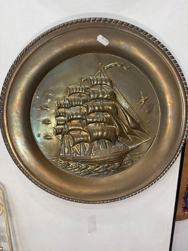 Ship Embossed Brass Wall Hanging Plate - Decor**