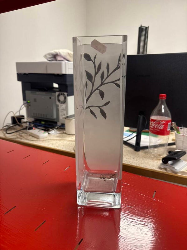 Tall, rectangular glass vase with frosted foliage - decor ***
