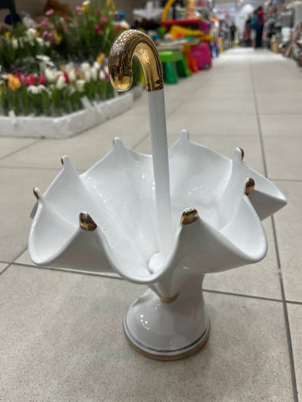 White & Gold Porcelain Umbrella-Shaped Bowl - Decor