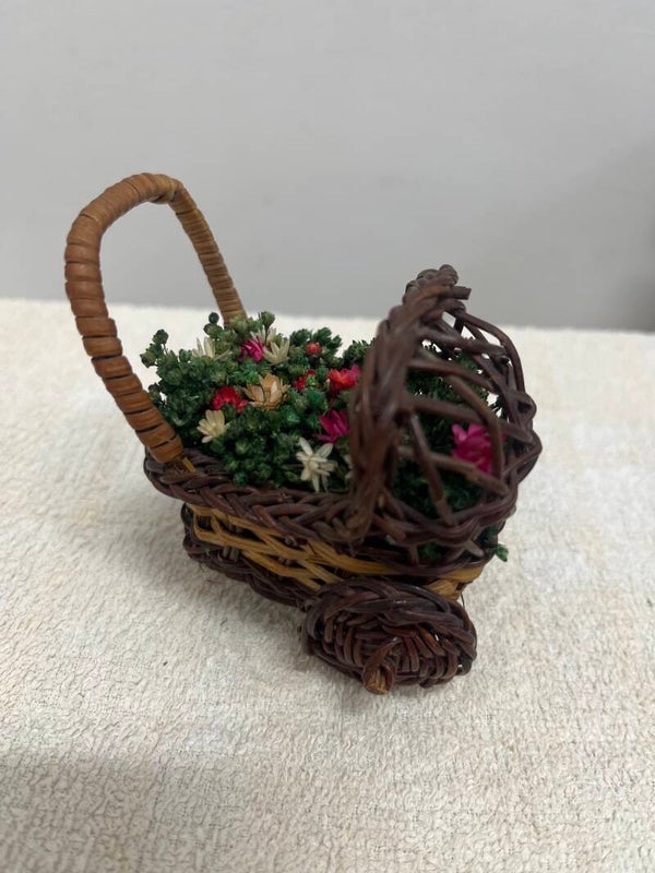 Miniature Wicker Baby Carriage With Dried Flowers - Decor**