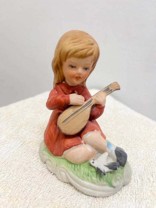 Ceramic Girl Playing Mandolin On Grass w/Bird Figurine - Figurines**
