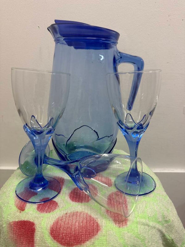 Blue Glass Jar With Lid And 3 Glasses - Supplies**