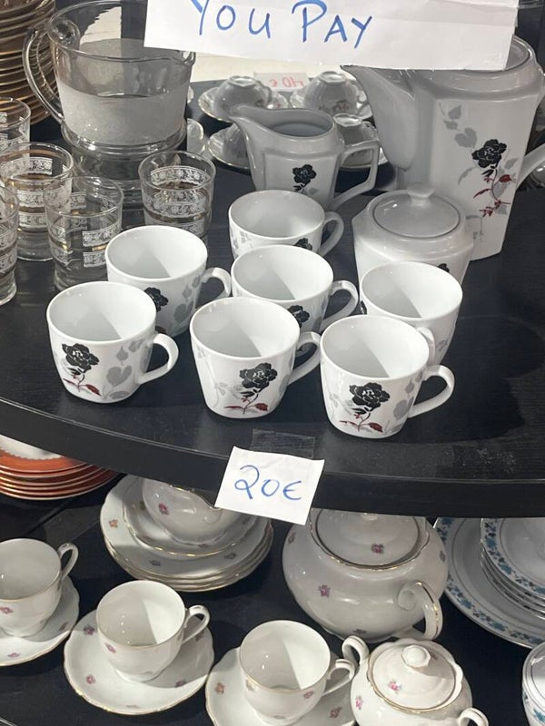 black and white rose patterned tea set - Supplies*