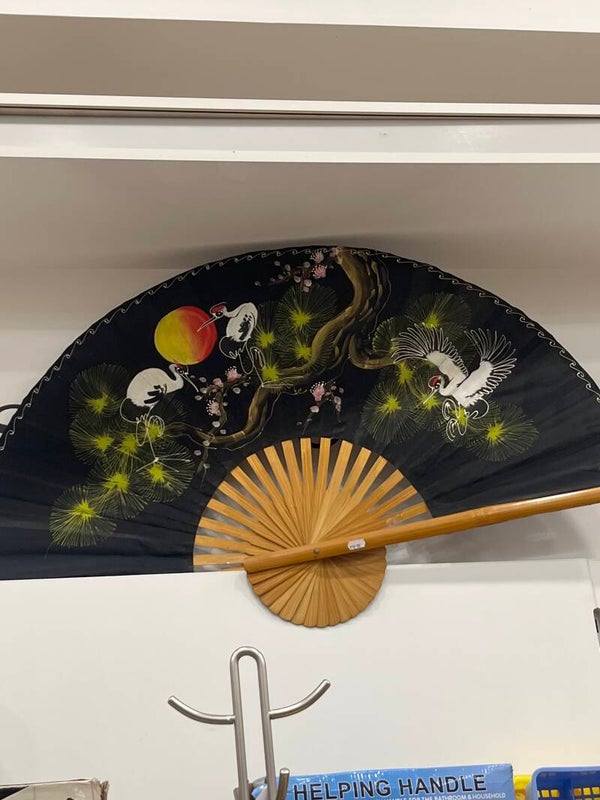 Large Hand-Painted Asian Wall Fan - Decor