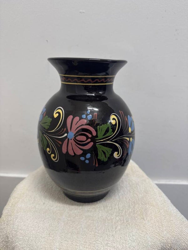 Black Hand-painted Folk Art Pottery Vase - Decor*