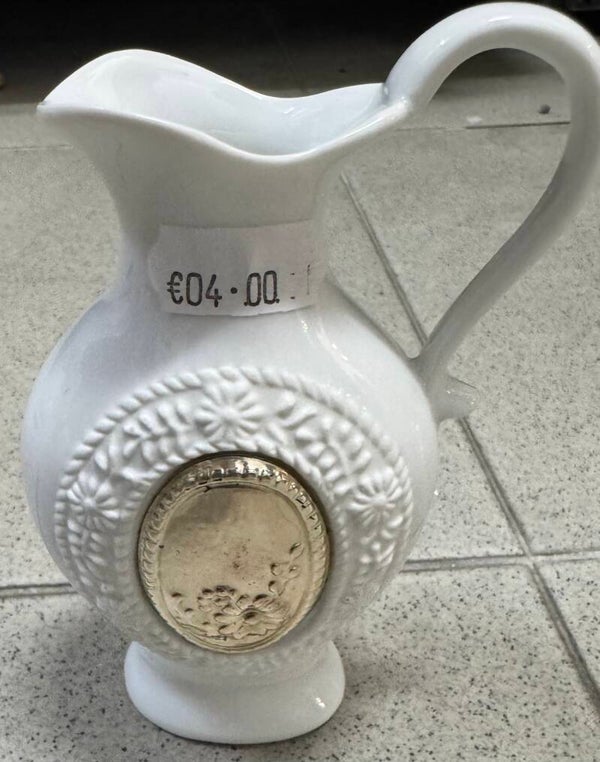 White Ceramic Pitcher With Golden Pattern - Decor