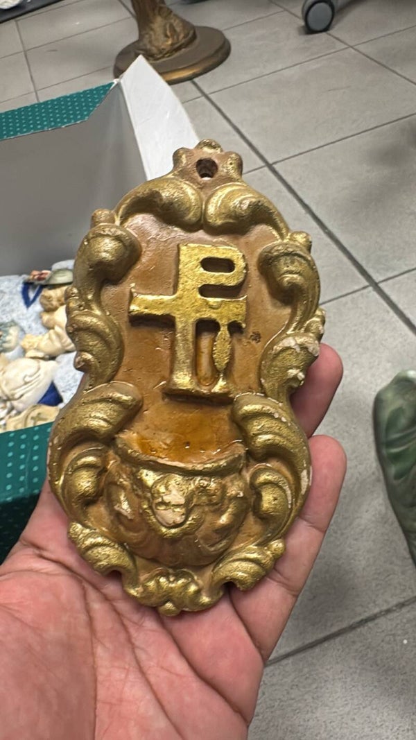 Vintage Chi-Rho Gilded Holy Water Font - Religious *