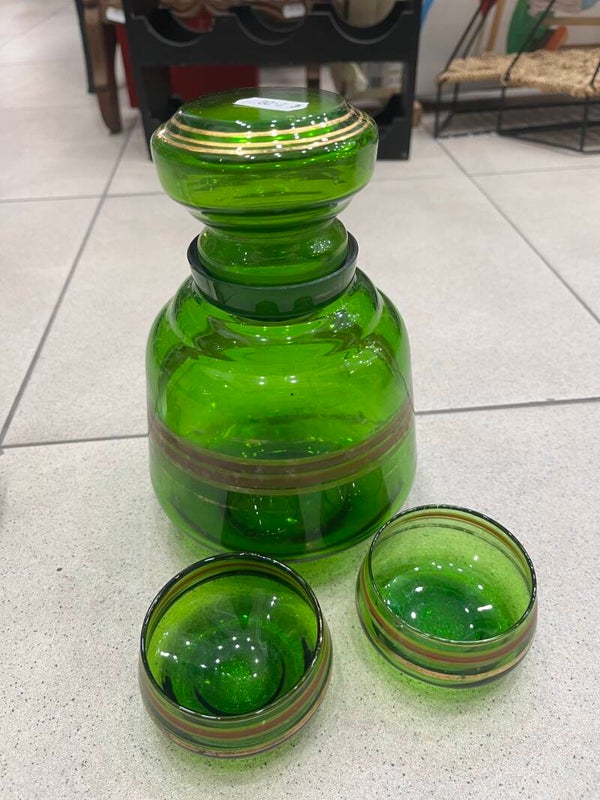 Vintage Emerald Green Glass Decanter Set - Decor