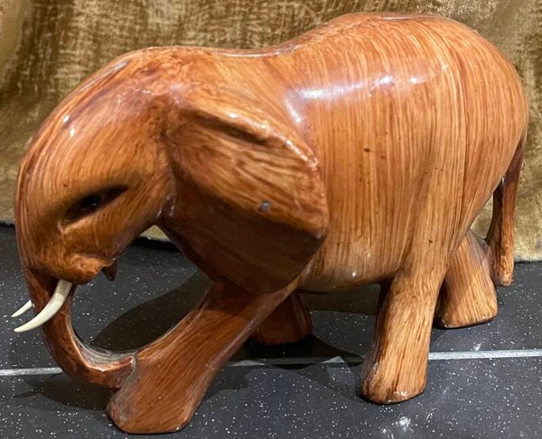 Vintage Hand-Carved Wooden Elephant Sculpture - Decor