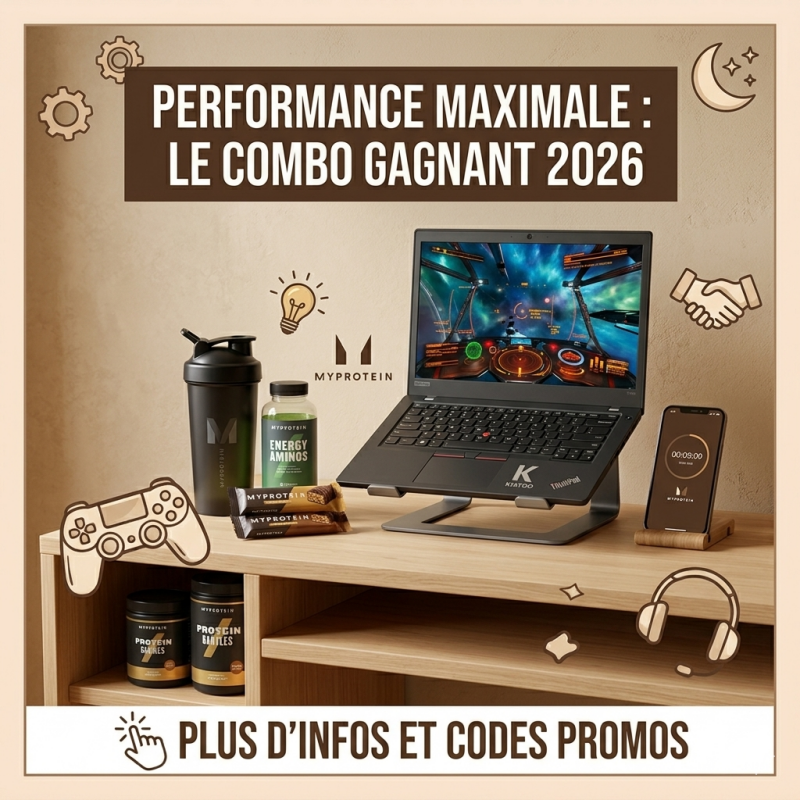 Setup gaming optimisé 2026 : PC reconditionné performant, compléments Myprotein pour le focus et nutrition Foodspring pour la récupération.