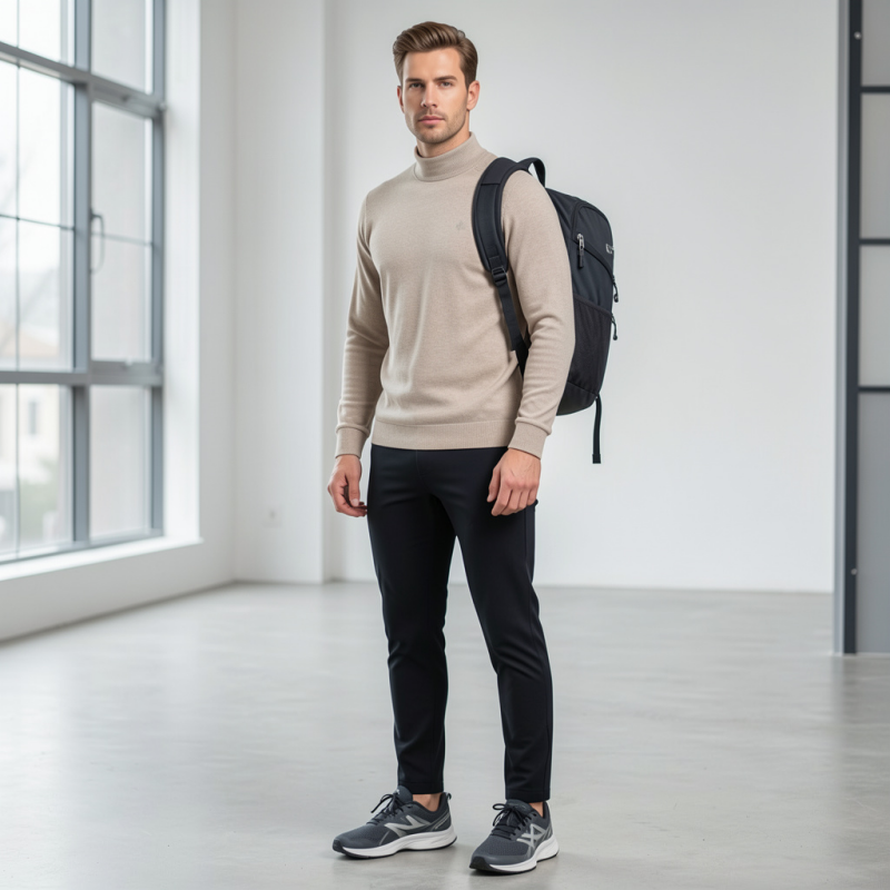 Portrait d'un professionnel moderne portant une tenue confortable et élégante avec sac à dos technique et sneakers de qualité.