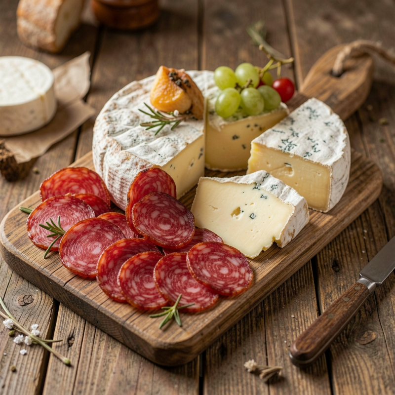 Plateau de fromages Agour et charcuterie artisanale Directos.eu sur table en bois.