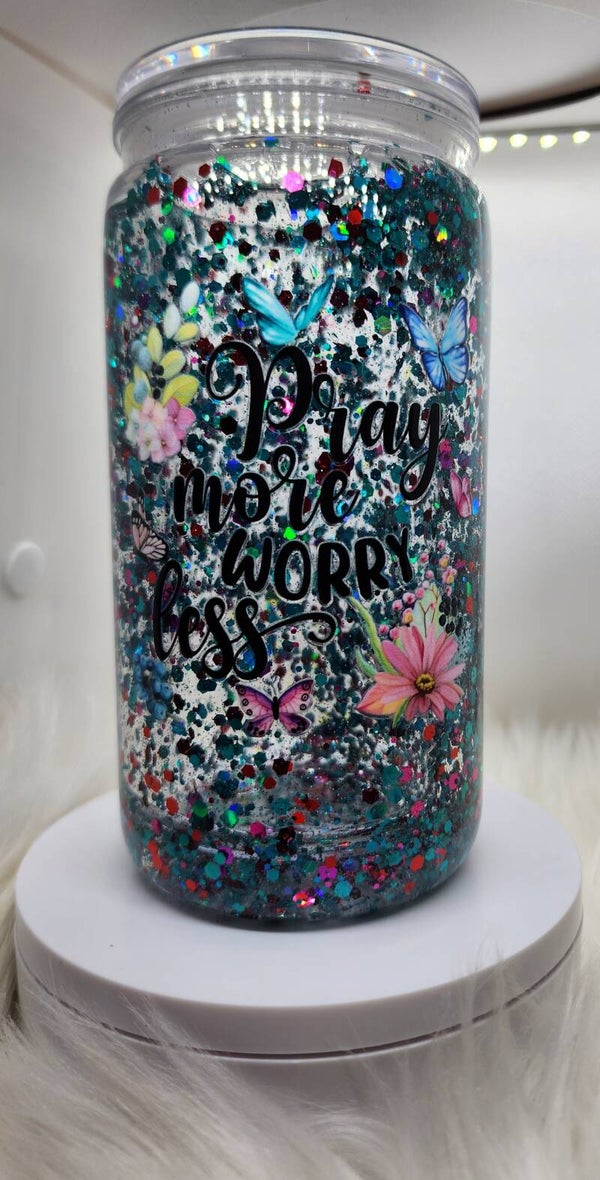 Pray more worry less snowglobe tumbler