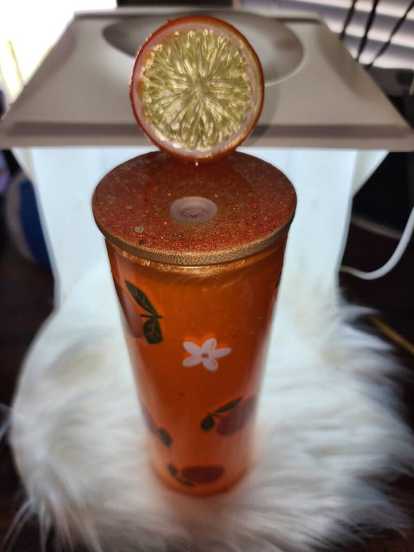 Orange mica snowglobe tumbler with decorated lid