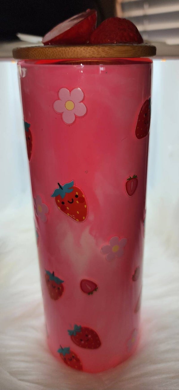 Strawberry shake snow globe tumbler with decorated lid