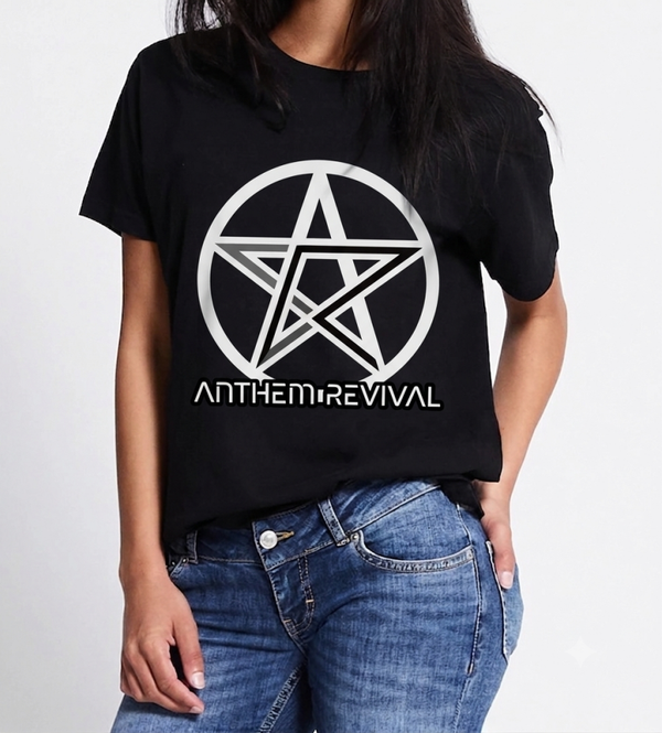 Black t-shirt with AR-pentagram logo, female