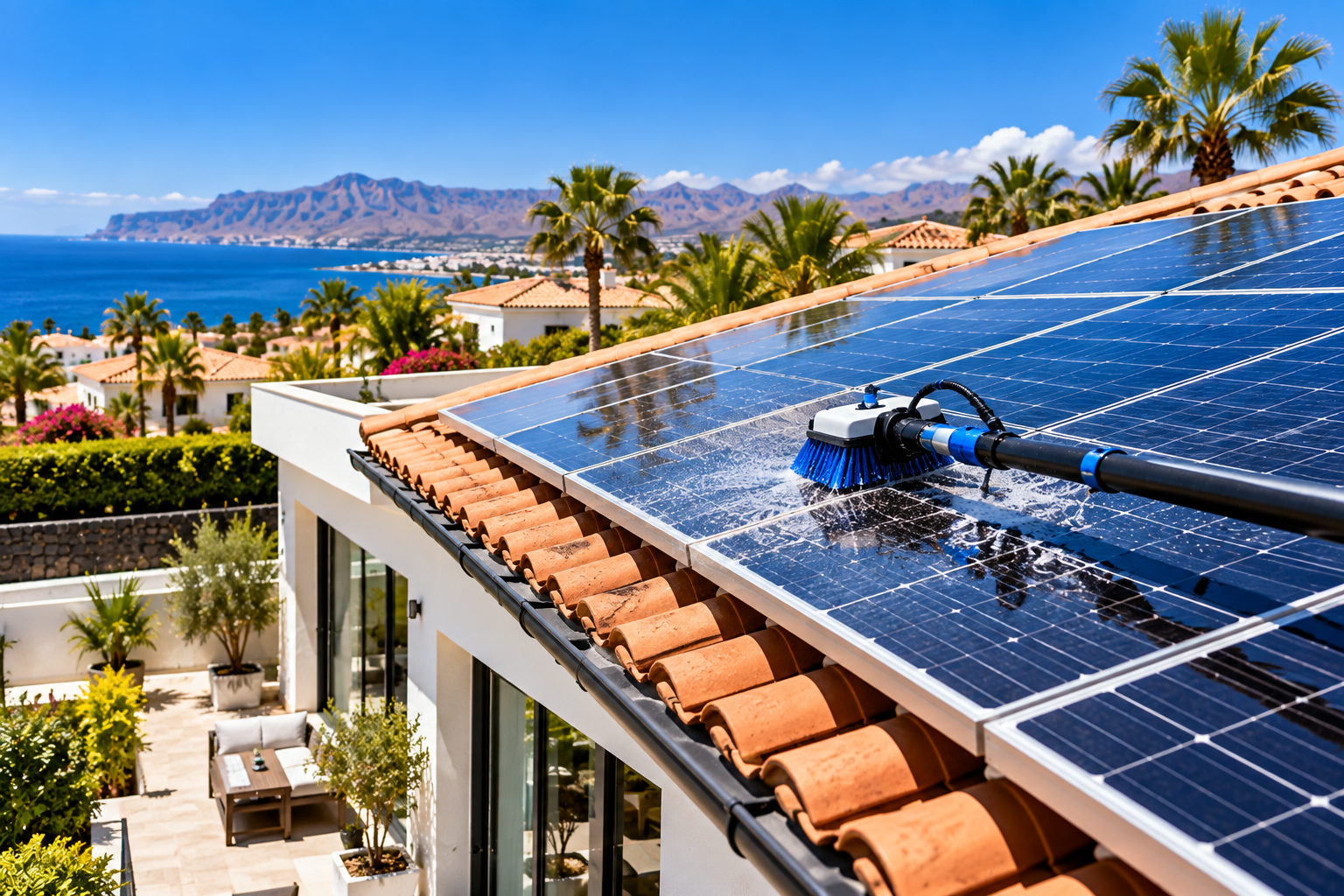 Professionelle Reinigung von Photovoltaik- und Solarmodulen bei Calima, Staub, Salzablagerungen und Vogelkot.