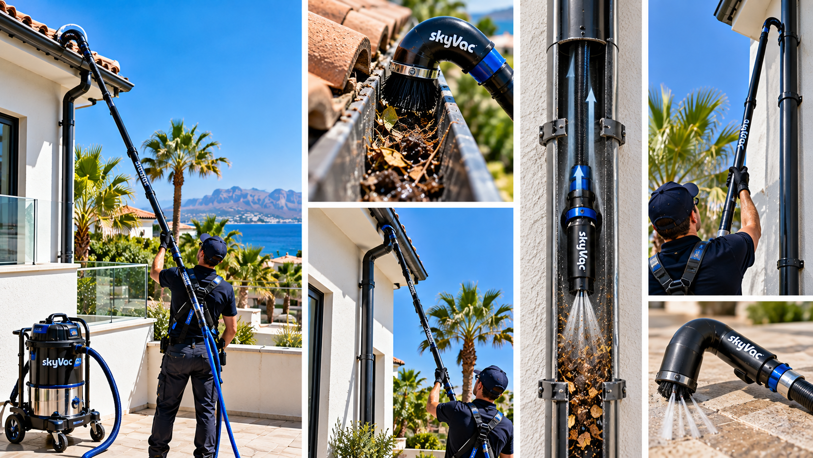 „Dachrinnenreinigung mit SkyVac und Fallrohrreinigung von unten mit Spezialdüse auf Gran Canaria“