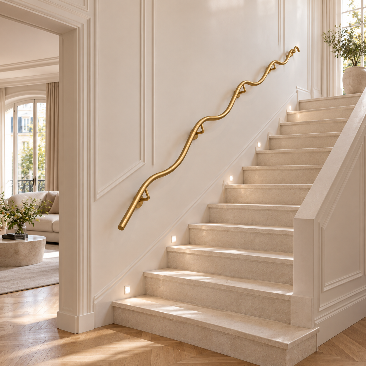 Corrimano in Ferro Battuto ORO | Corrimano Ondulato per Scale | Artigianale Made in Italy | Lunghezze 50–400 cm | Corrimano metallo pregiato