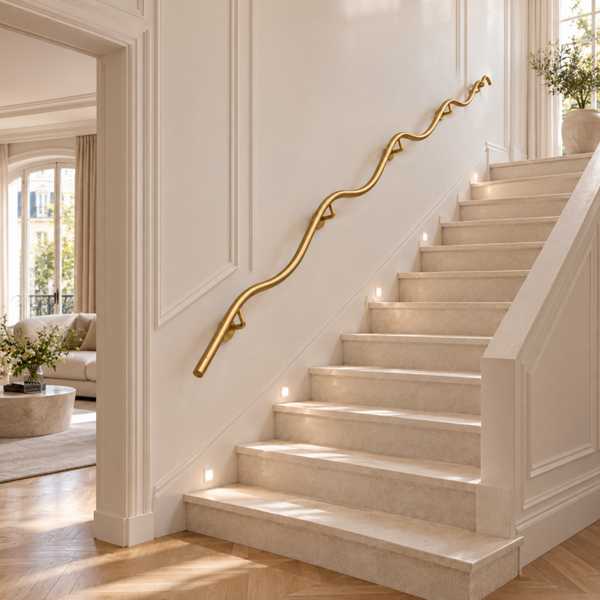 Corrimano in Ferro Battuto ORO | Corrimano Ondulato per Scale | Artigianale Made in Italy | Lunghezze 50–400 cm | Corrimano metallo pregiato