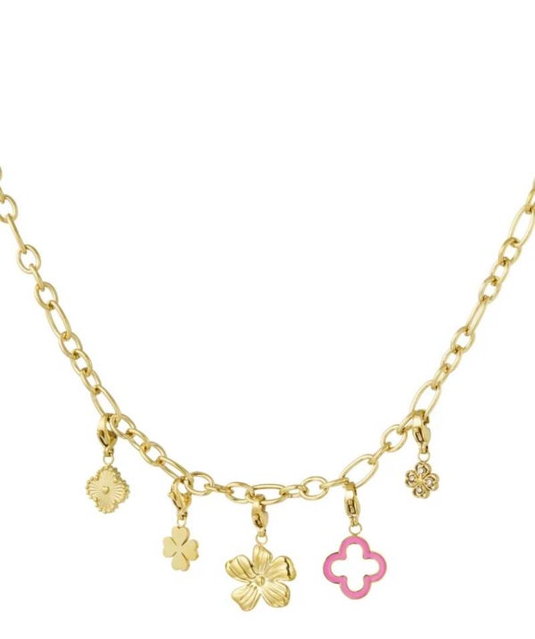 Clover and flower charm ketting goud
