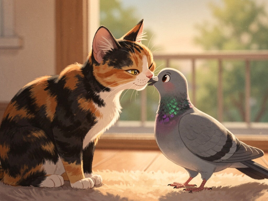 pigeon and cat kiss