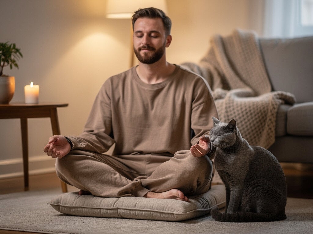grey cat helps man with meditation