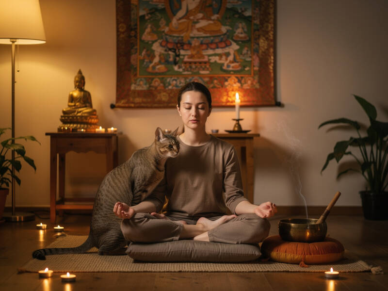 Une personne en méditation aux côtés de son chat, dans une pièce apaisante décorée d'éléments bouddhistes tibétains : autel, bol chantant et tangka. Ambiance sereine de pleine conscience et de connexion spirituelle.