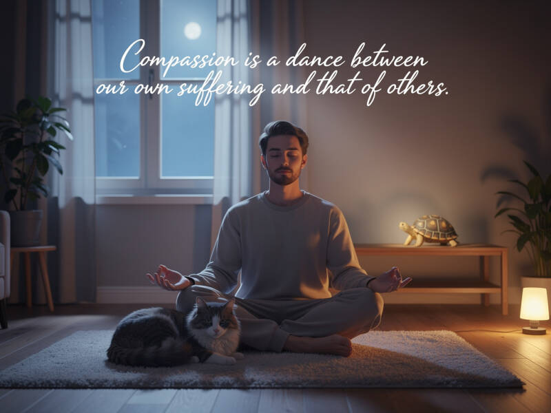 Man meditating with his cat, peaceful setting with a compassion quote.