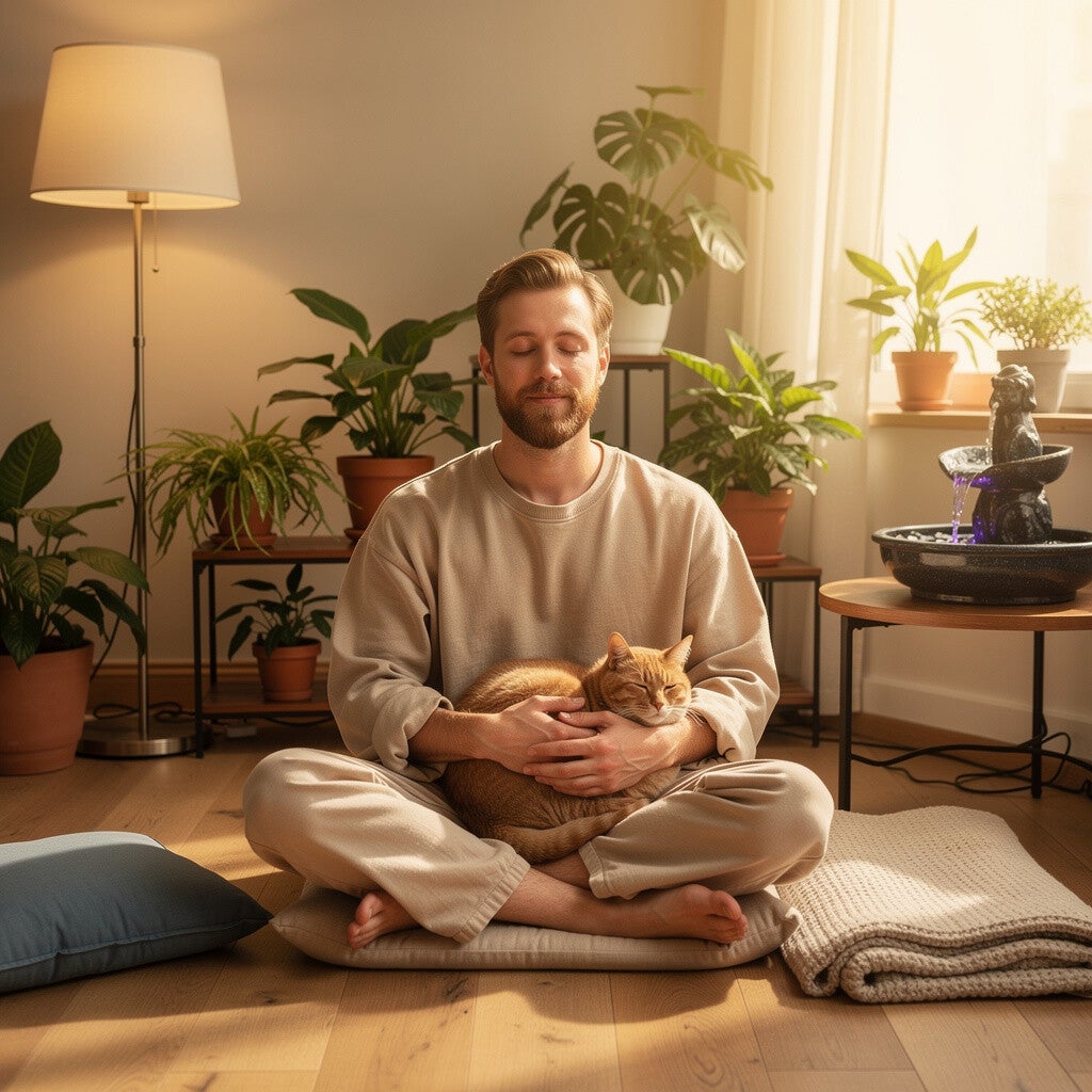 man meditation cat