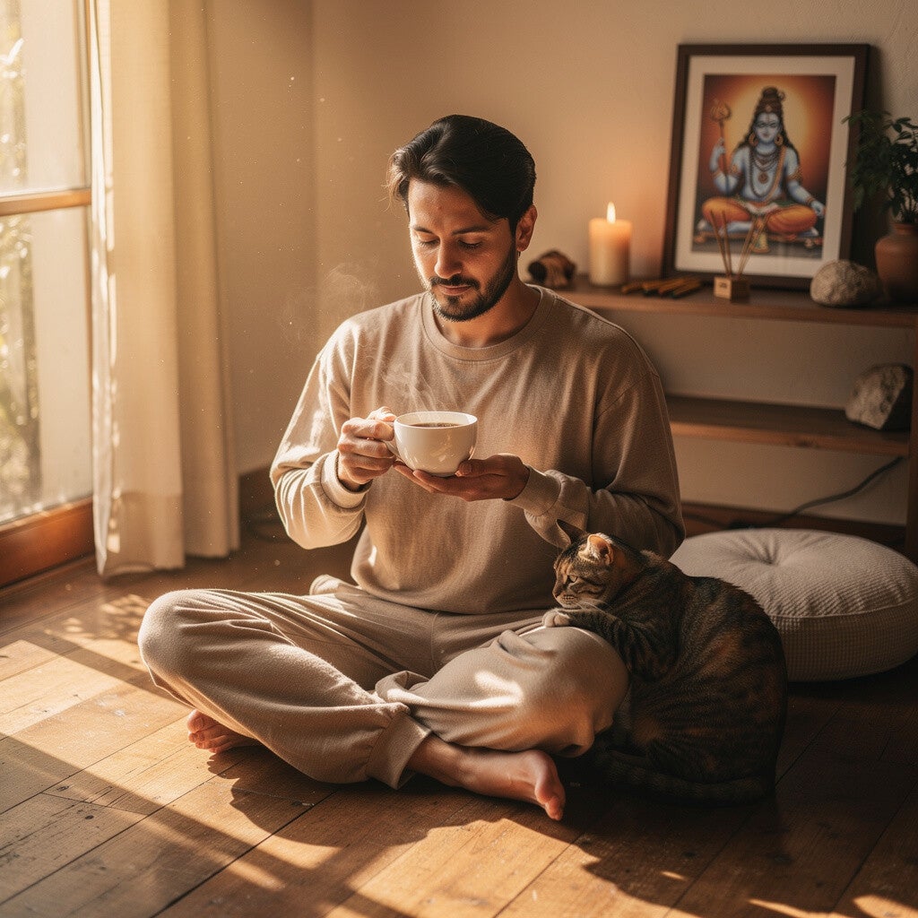 cat meditation man