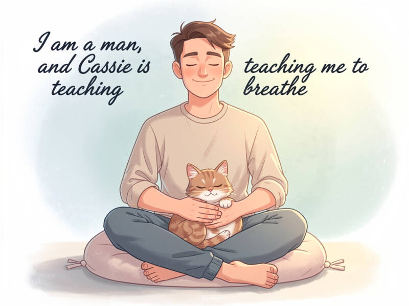 Man meditating with cat, text: 'I am a man, and Cassie is teaching me to breathe' — mindfulness and pet bonding illustration.