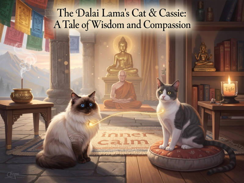 Spiritual illustration of the Dalai Lama’s Himalayan cat and Cassie, a domestic cat, connected by golden light. Buddhist monastery and cozy home setting with meditation elements. Text: 'A Tale of Wisdom and Compassion'.