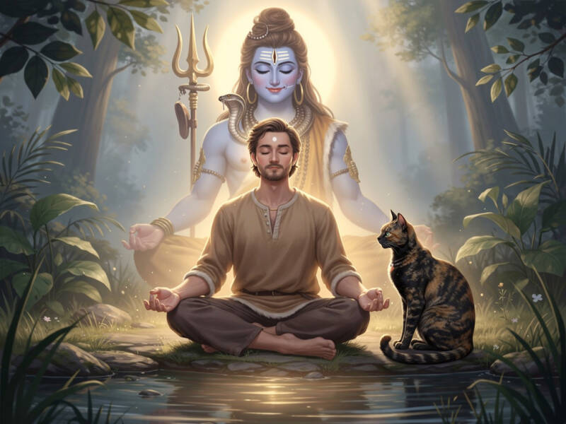 Homme méditant avec son chat et Shiva en arrière-plan