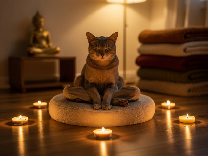 A tranquil cat meditating on a cushion surrounded by candles, embodying peace and spiritual connection during a mindfulness session.