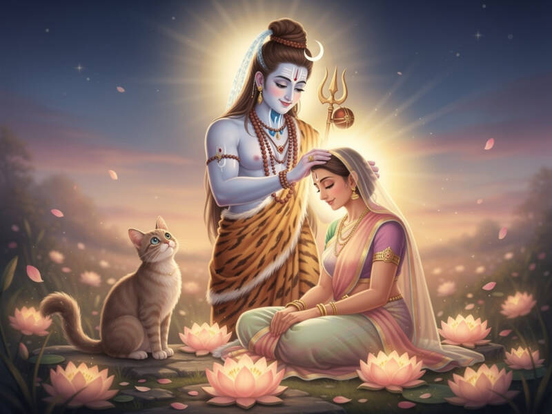 Shiva blessing a healed mother, with Cassie the cat watching peacefully in a divine light of miracle and love.