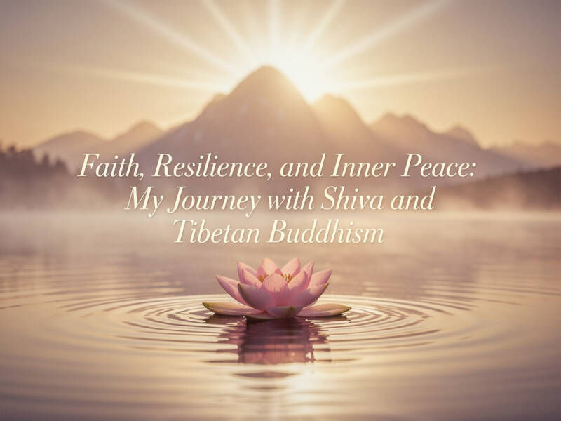 A serene lotus at sunrise with mountains in the background, text: 'Faith, Resilience, and Inner Peace: My Journey with Shiva and Tibetan Buddhism