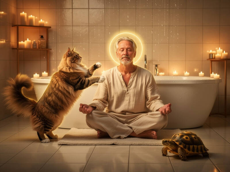 Man meditating with Maine Coon cat and tortoise in a candlelit bathroom, symbolizing spiritual harmony and water ritual.