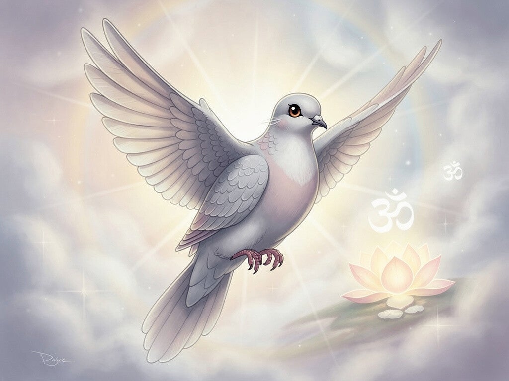 Cassie the cat as a spiritual dove, flying above a lotus and Om symbol, embodying peace and serenity.