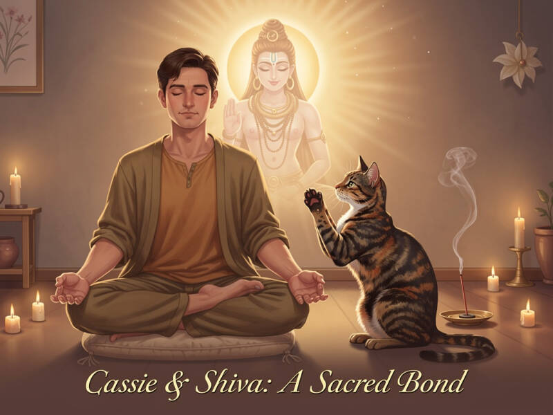 A man meditating with his tortoiseshell cat, Cassie, who raises her paw in prayer as a glowing Shiva appears in the background—a sacred moment of spiritual connection.