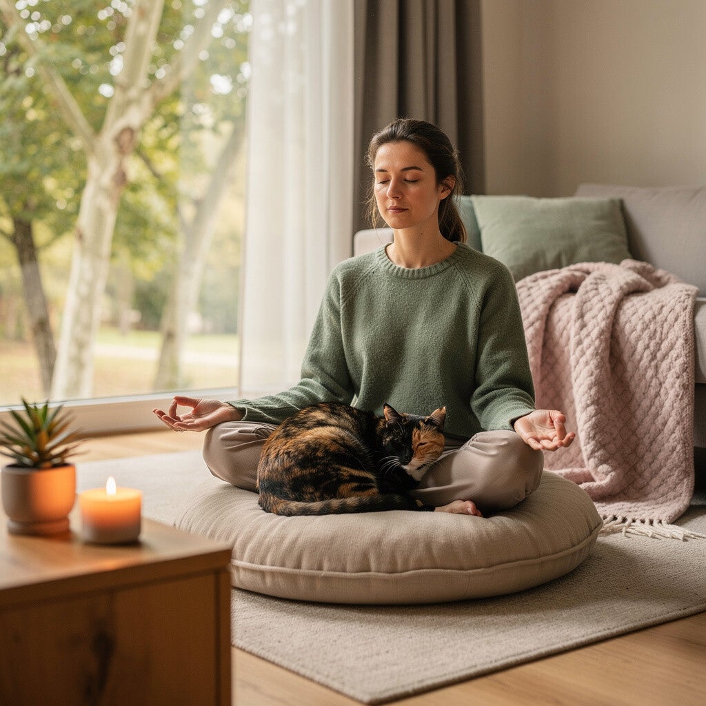 woman cat love meditation