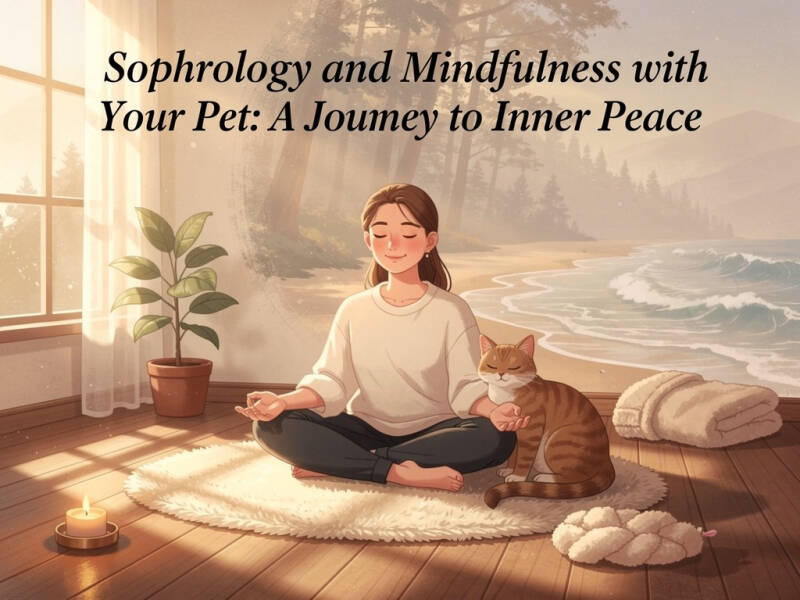 A person practicing mindfulness meditation with their cat in a serene, sunlit room, illustrating sophrology and the calming bond with pets.