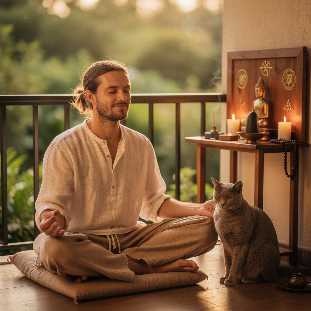 man cat meditation