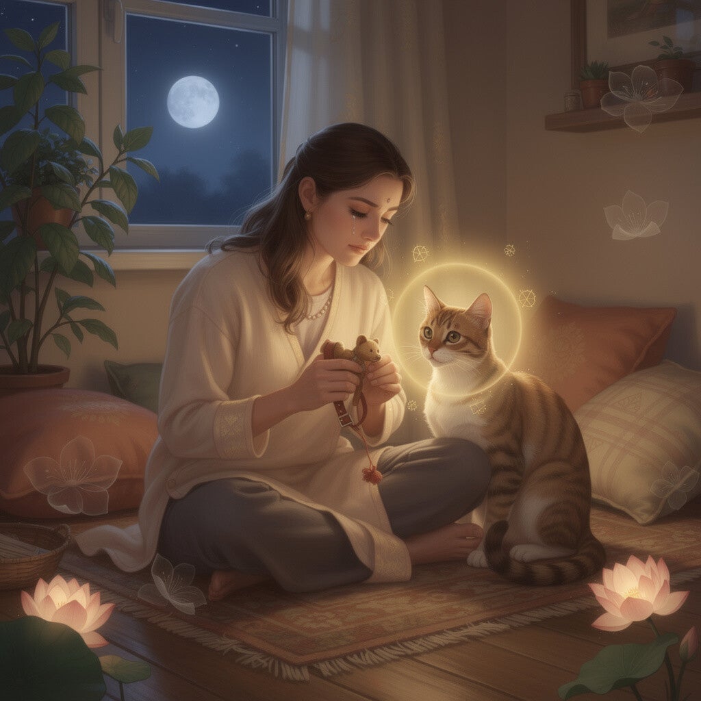 woman cat reading mantra
